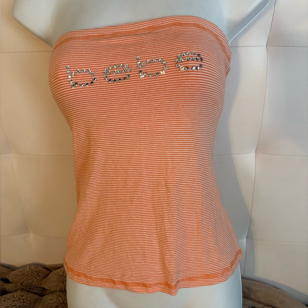 Y2k bebe striped orange Strapless Rhinestone Logo Tube Top sz M